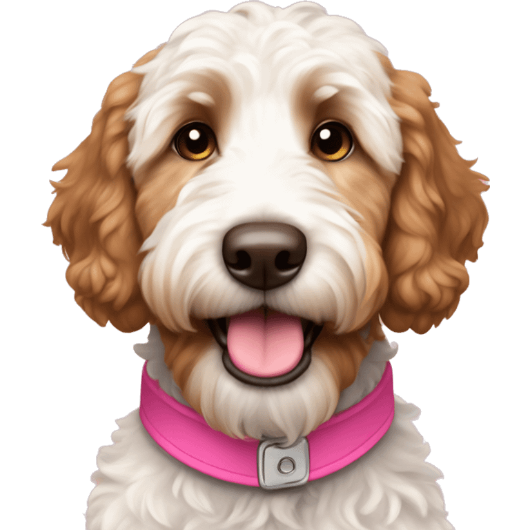 Brown and White golden doodle with a pink collar emoji