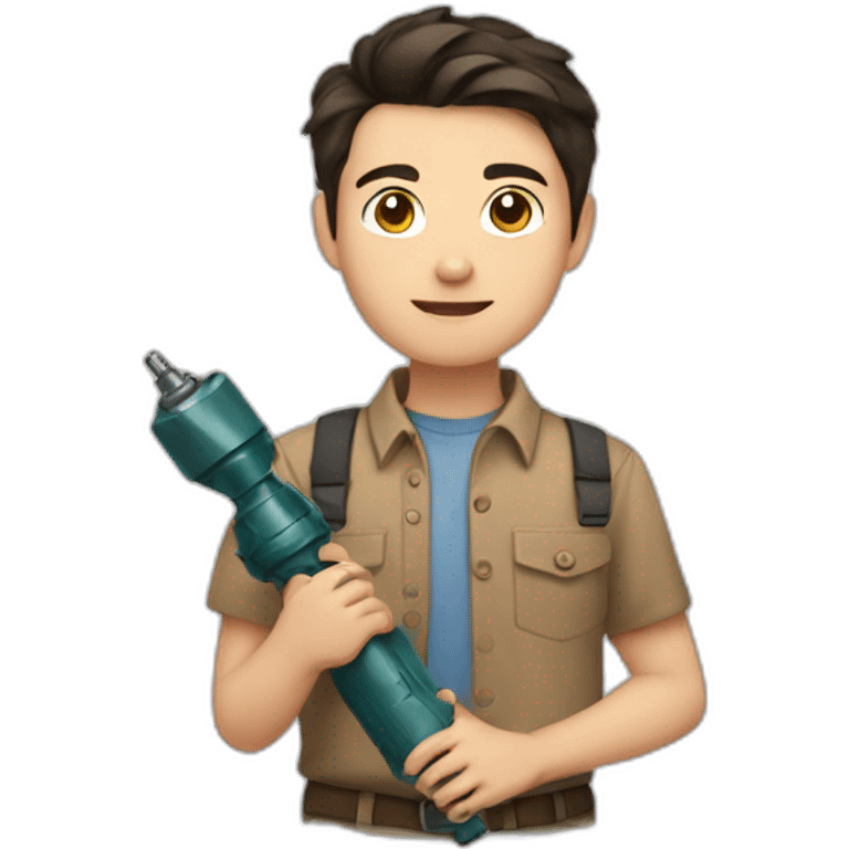 short dark hair white young boy in brown button up shirt with a tshirt under holding a drill emoji