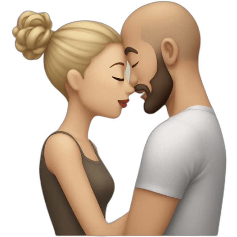 Brunette girl kissing a bald beard man emoji