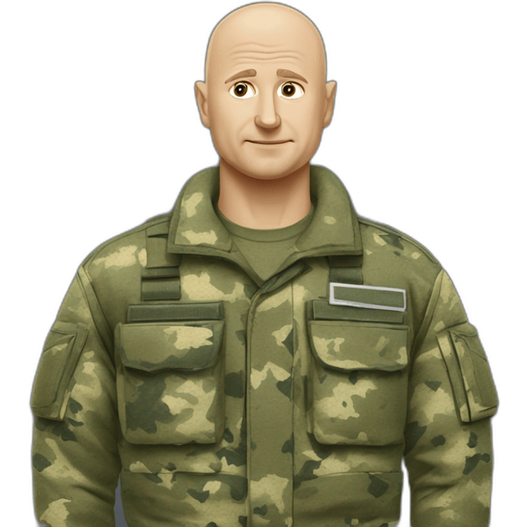 prigoZhin eugene points back in camouflage uniforms bald head speak mobile phone emoji