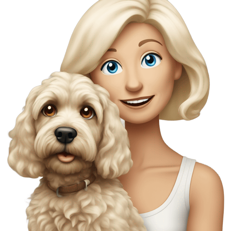 blue eyed old blonde lady with dark brown Cockapoo puppy dog emoji