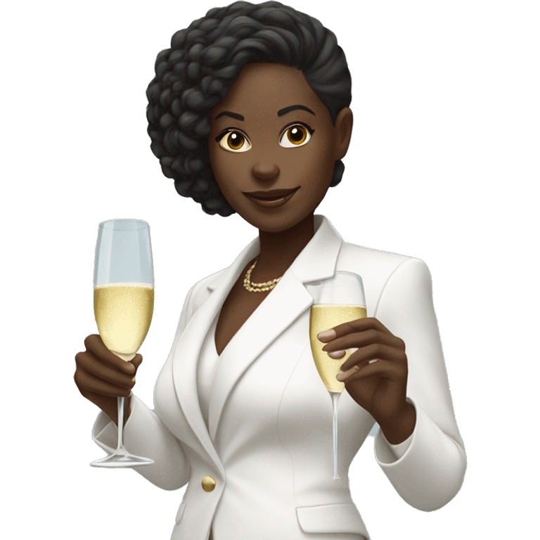 Black girl in a white pantsuit, holding glass of champagne emoji