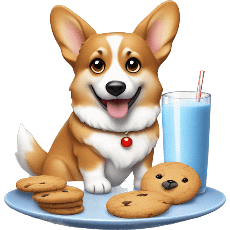 Happy corgi sitting next to a plate of cookies and milk, waiting for Santa emoji