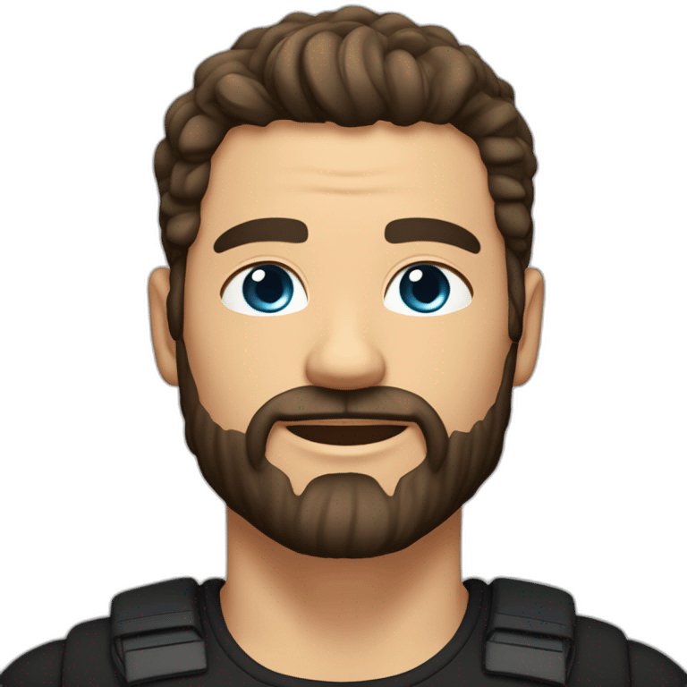 White man with a slight sun kissed tan, blue eyes and dark brown hair. He has a beard and mustache trimmed. Wears black clothing and wears his hair styled sideways backwards. emoji