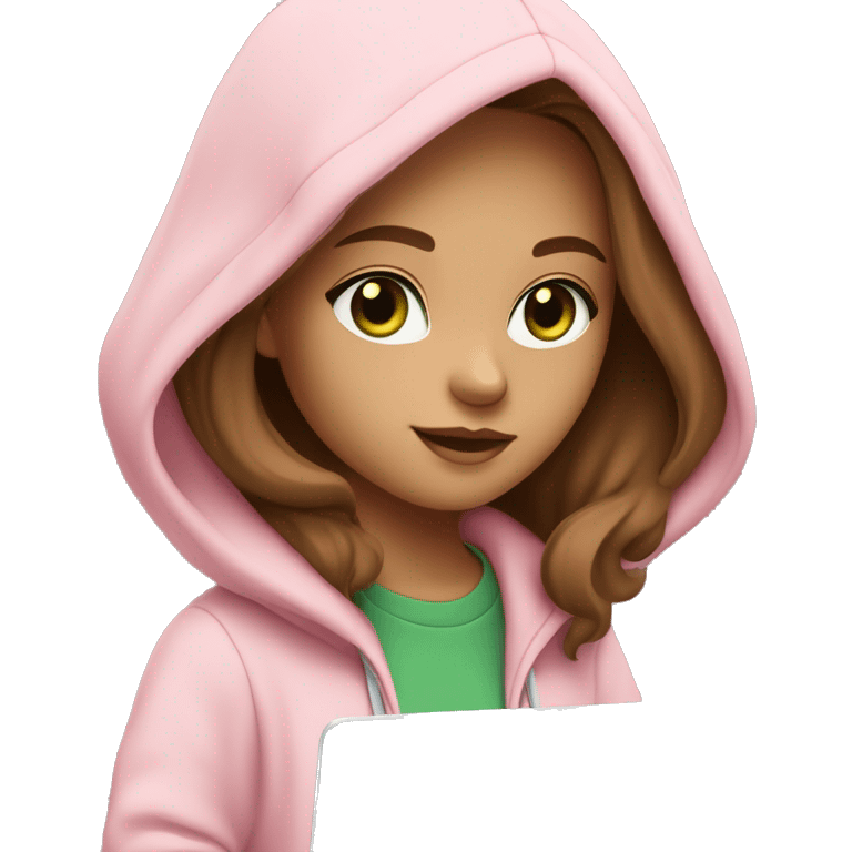 a girl with brown long hair, light beige skin, green eyes, is working relaxed at a modern laptop in a monochrome pale pink zip hoodie with a hood and a pink monochrome T-shirt emoji