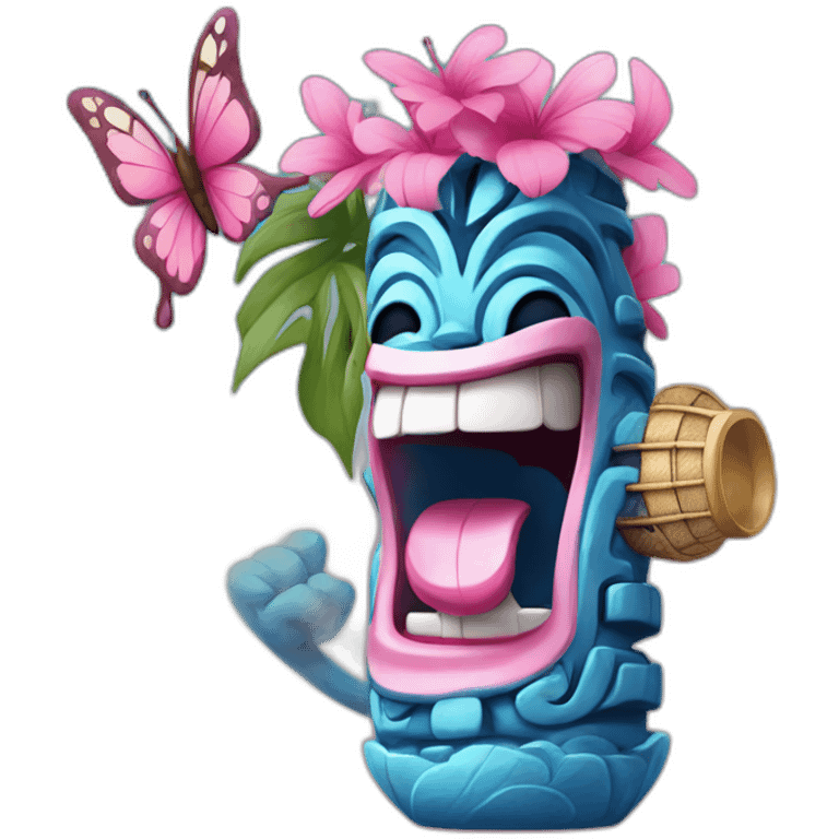 Cartoon Blue and pink tiki singing with butterfly and in the mike emoji