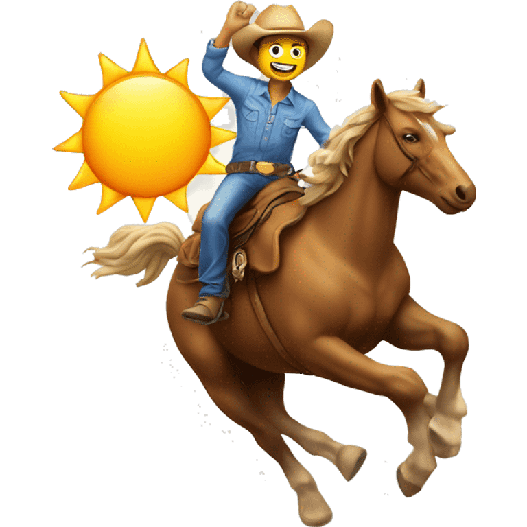 Man riding on top of the sun in a rodeo position, the sun has a smiling face emoji