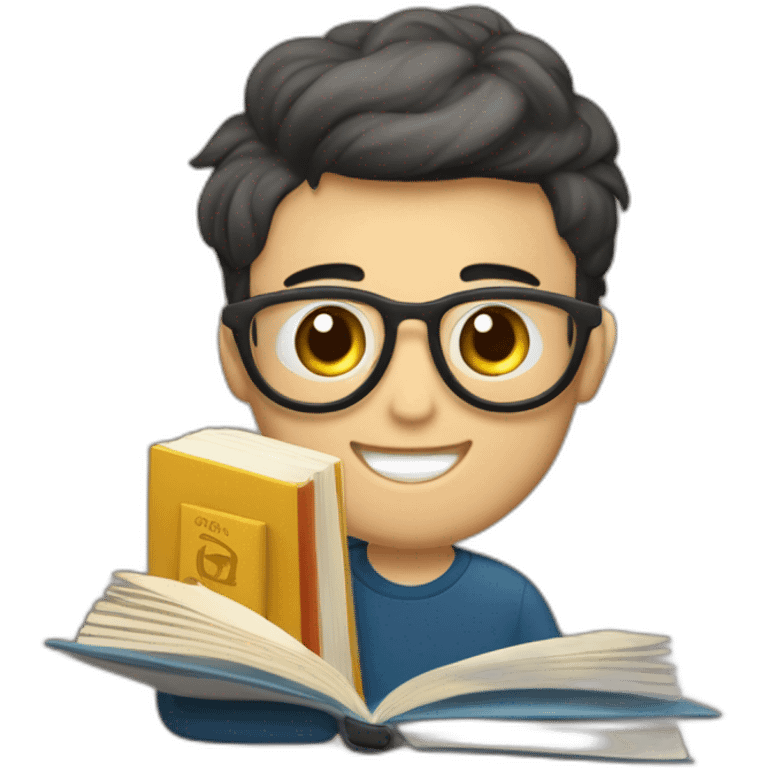 joven estudiante sentado sobre sus libros que son muchos y con un libro en sus manos y sobre su cabeza, de piel blanca y con su mascota emoji