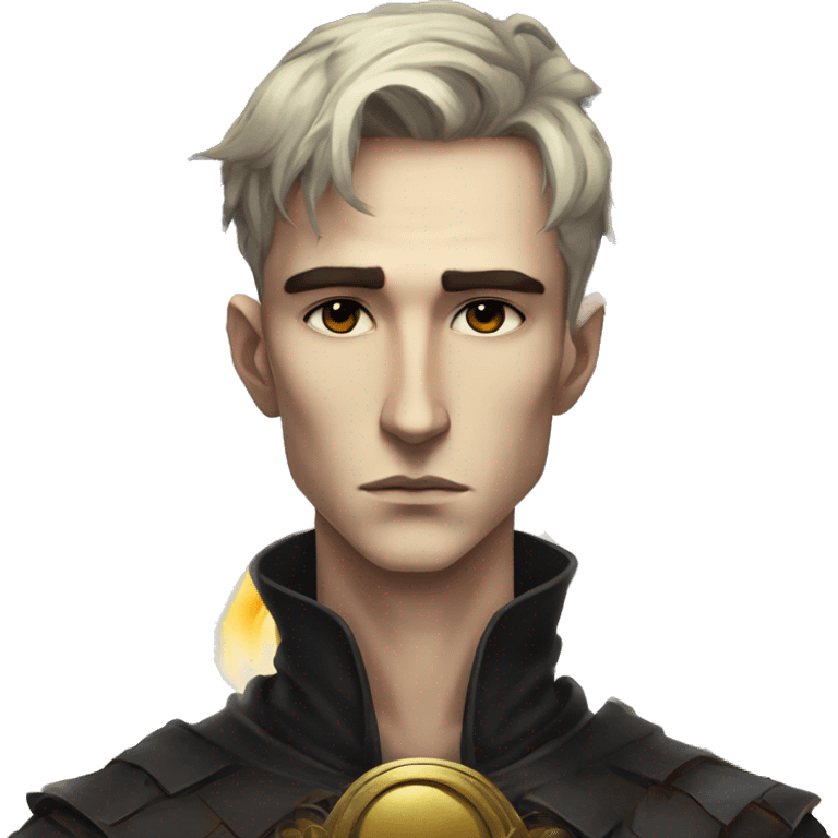 Hamlet young skinny sad man iridescent hair wearing raven feathers with a gilded hourglass and golden flames yin yang chess board emoji