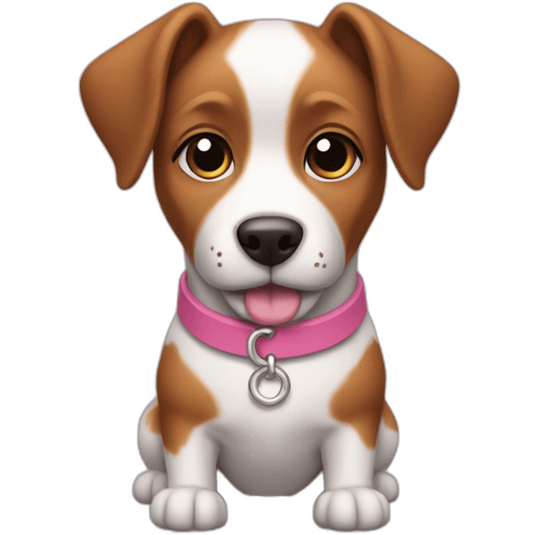 A small dog, white and brown, with a pink collar. emoji