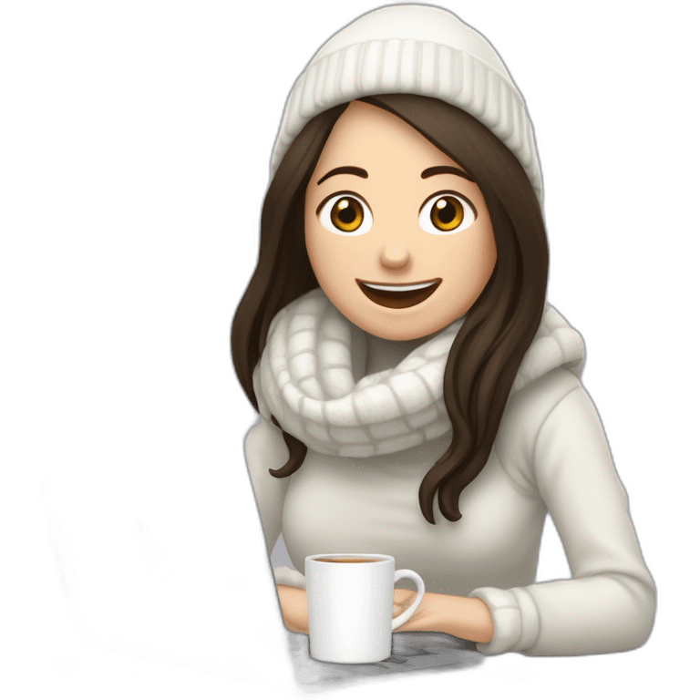 eyes closed laughing female with pale skin and dark brown straight long hair wearing white scarf and white woolly hat and black hoodie and holding a laptop and coffee mug not full body shot emoji