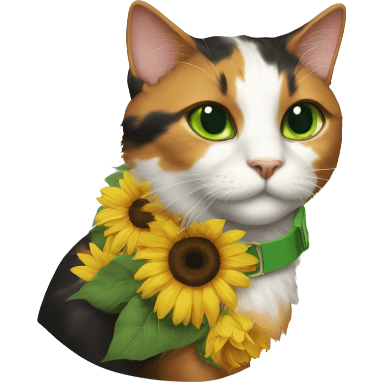 calico cat with green eyes and sunflower collar emoji