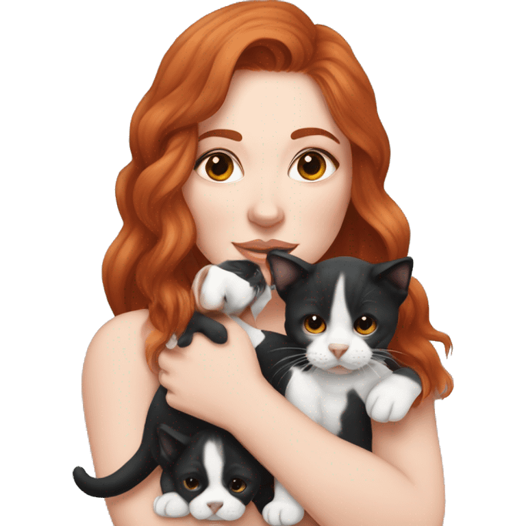 Long Red haired woman with septum piercing holding black and white English Staffordshire puppy and tabby kitten emoji