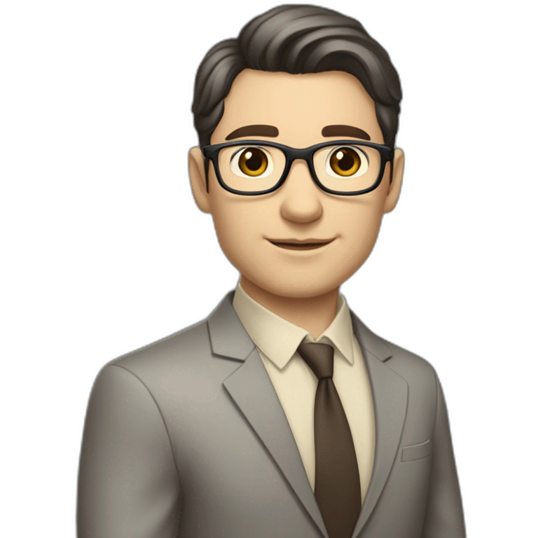 Full height Pale skinned Fit Man With dark brown hair in classic gray suit, beige office shirt, dark gray tie, and vintage glasses. His palms lock emoji