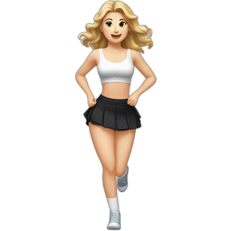 alistic-full-body-caucasian-curvy-beauty-jumping-short black-skirt-back-and-front-views-strong-wind-knickers-long-white-socks emoji