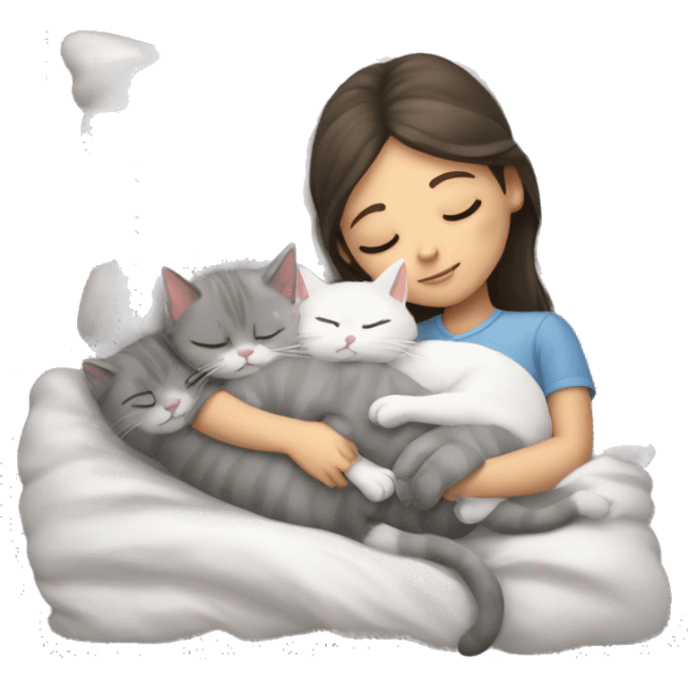 grey and white kitty sleeping with girl in bed emoji