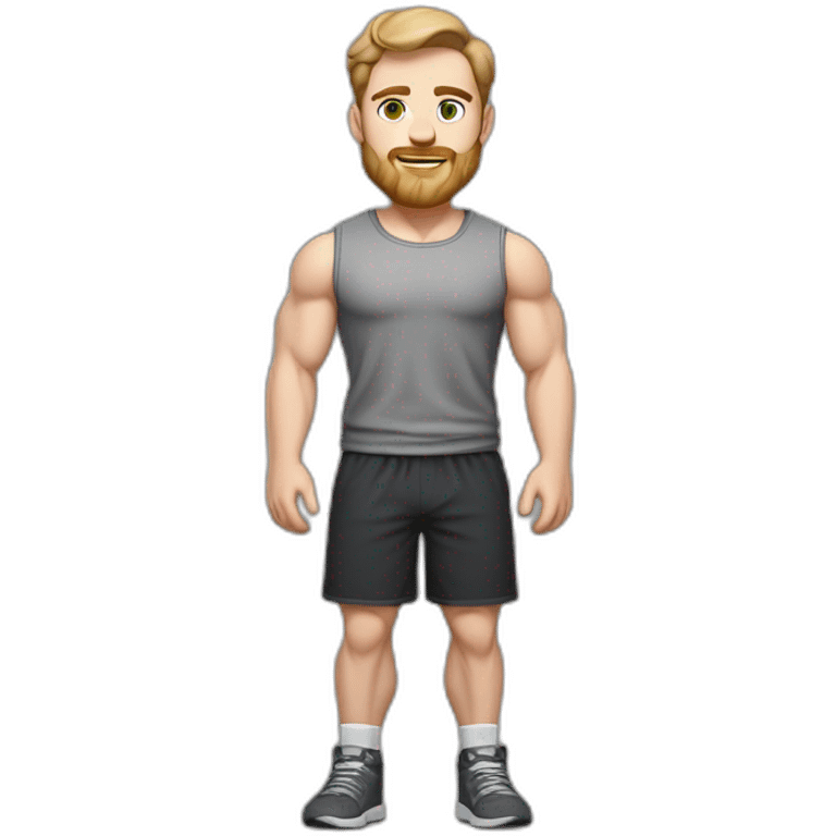 Full height Pale skinned fit man With biceps, Realistic eyes and mouth, light brown hair and stubble In dark gray sleeveless mike, black oversize sports shorts, watch and white sneakers. emoji