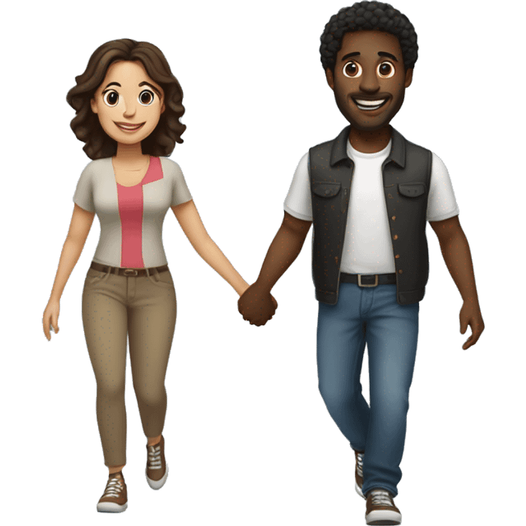 A black man  with medium hair and a Latina woman with  brown hair holding hands and walking side by side, smiling and enjoying their time together emoji