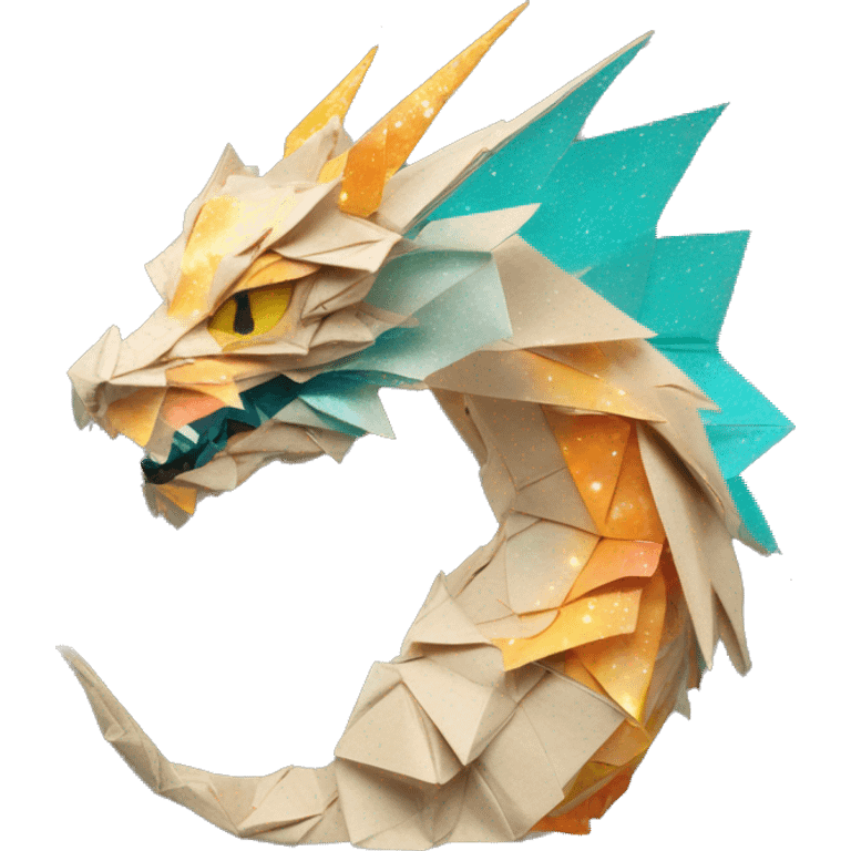 Sparkling patterned Beige Origami dragon with a dried flower crown made of newspapers intricate patterns surrounded by fairy lights nebula galaxy stars swirls iridescent orange cyan yellow emoji