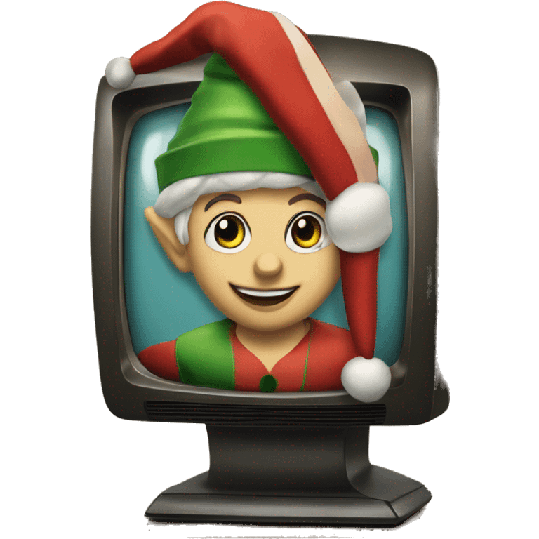 Realistic Christmas elf playing a video game in front of a retro TV set. emoji