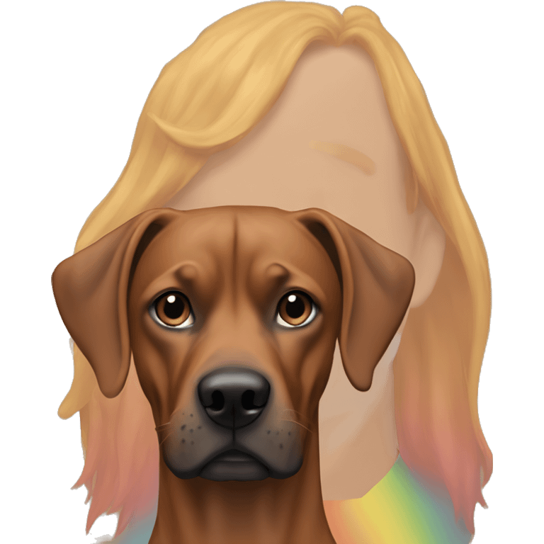 white male with long rainbow colored hair alongside a brown rhodesian ridgeback emoji