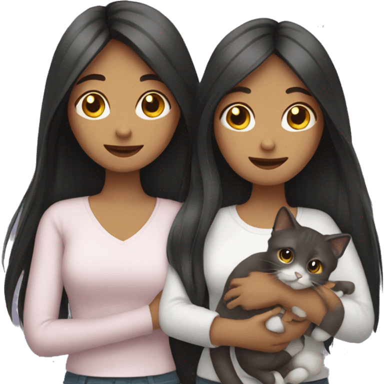 Two long hair girls and two cats in hands emoji