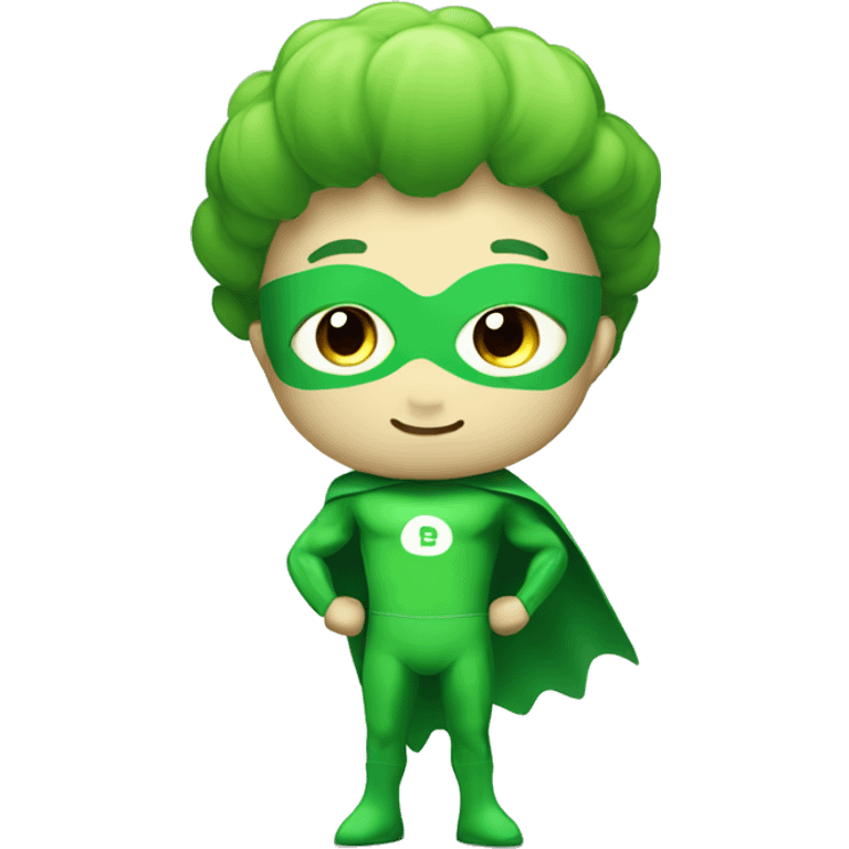 kawaii cute funny mini superhero with green clothes and a broccolis as hair,  full body saying hello emoji