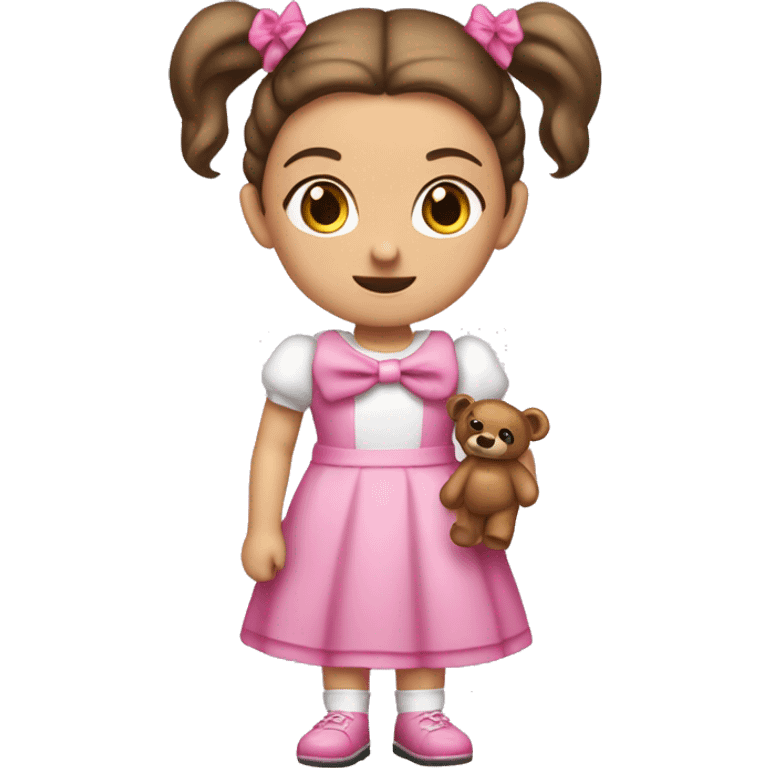 Little white girl with bronze hair in two ponytails with two bows. A pink pacificer in her mouth. She is wearing a pink and White dress and holding a teddybear. emoji