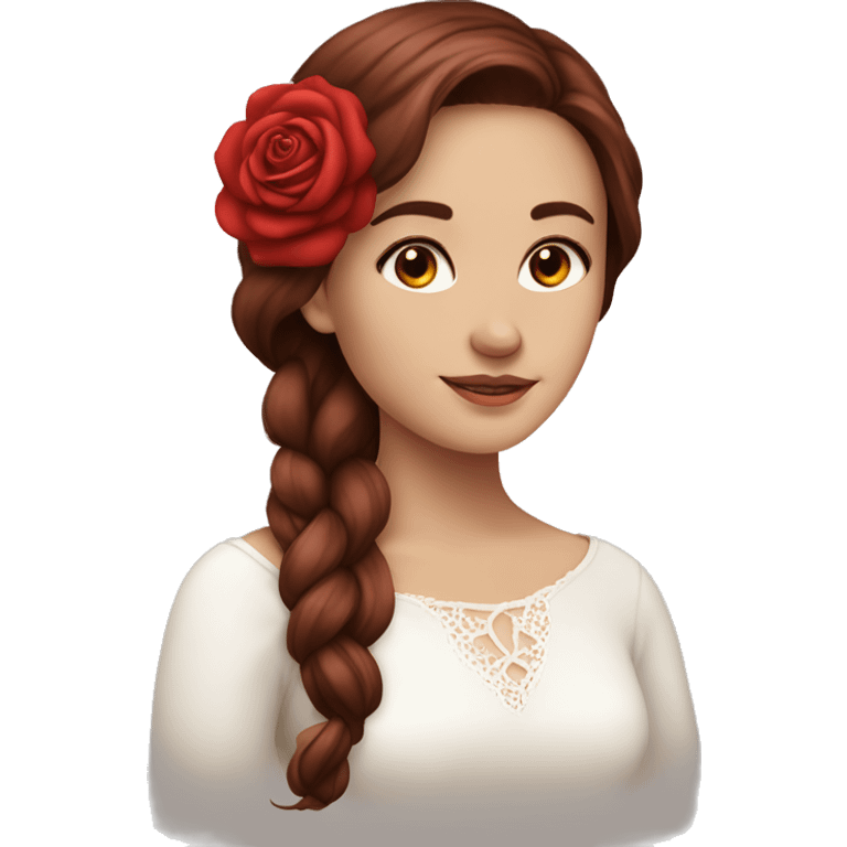 Beautiful, rose, red, flowers in hair, long dark brown hair, white fair skin emoji