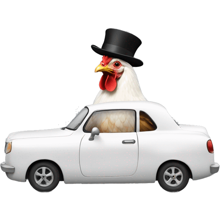 Chicken in a white race car wearing a top hat emoji