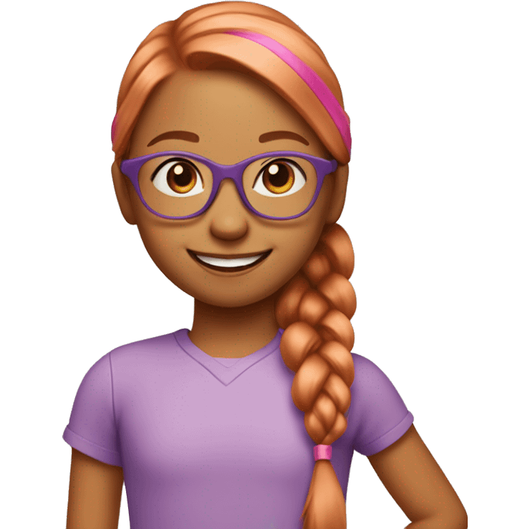 smiling six year old Girl with straight copper colored hair in a ponytail outdoors with pink glasses emoji