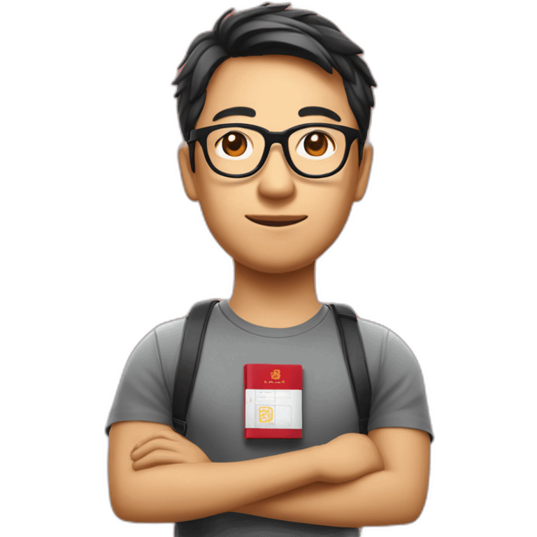 Tech CEO wearing glasses holding red Singaporean passport wearing tshirt on the chest with the letters onloop emoji