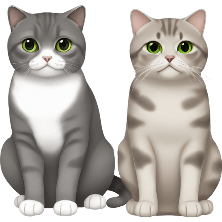 Scottish fold cat in grey with Green eyes + Brown british shorthair with Brown eyes sitting  emoji