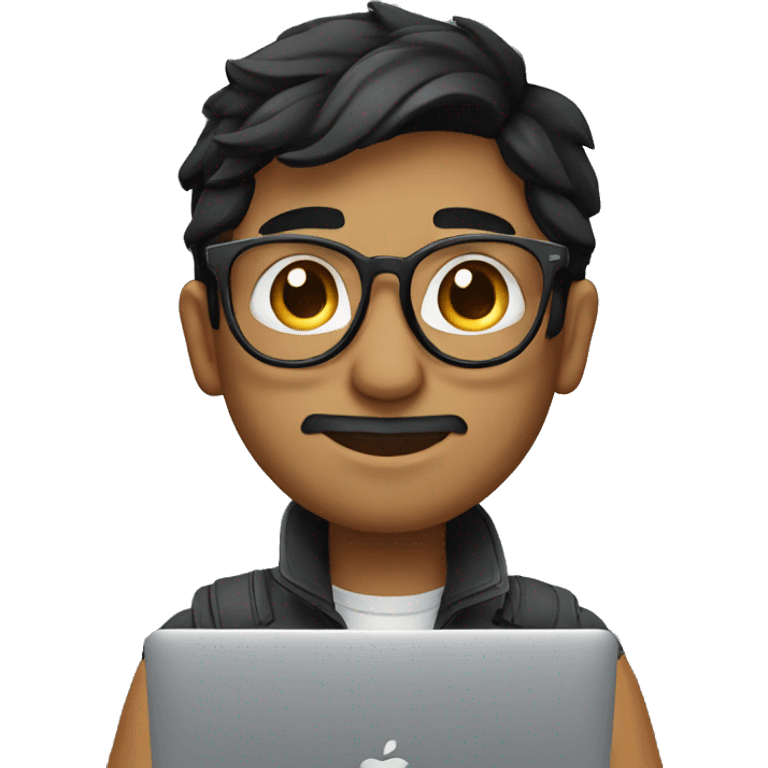 young male indian designer, black hair, aviator eyeglasses, working on Macbook emoji