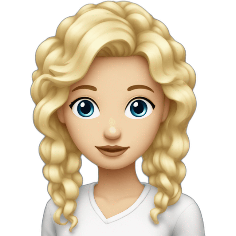 Fille blonde ,cheveux bouclé et volumineux,teint blanc , yeux bleu emoji