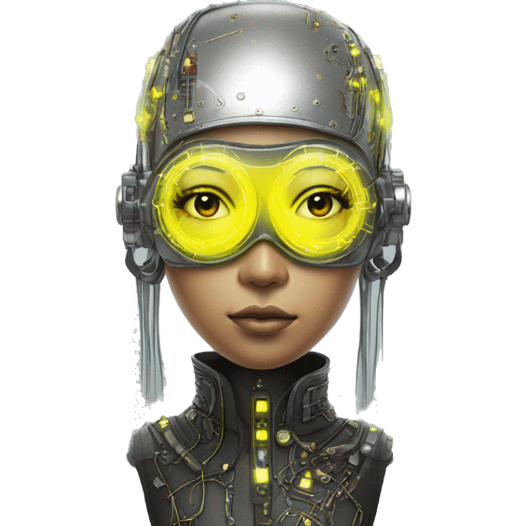 Neon yellow bobbed hair Asian female cyborg head with silver steampunk goggles and circuits emoji