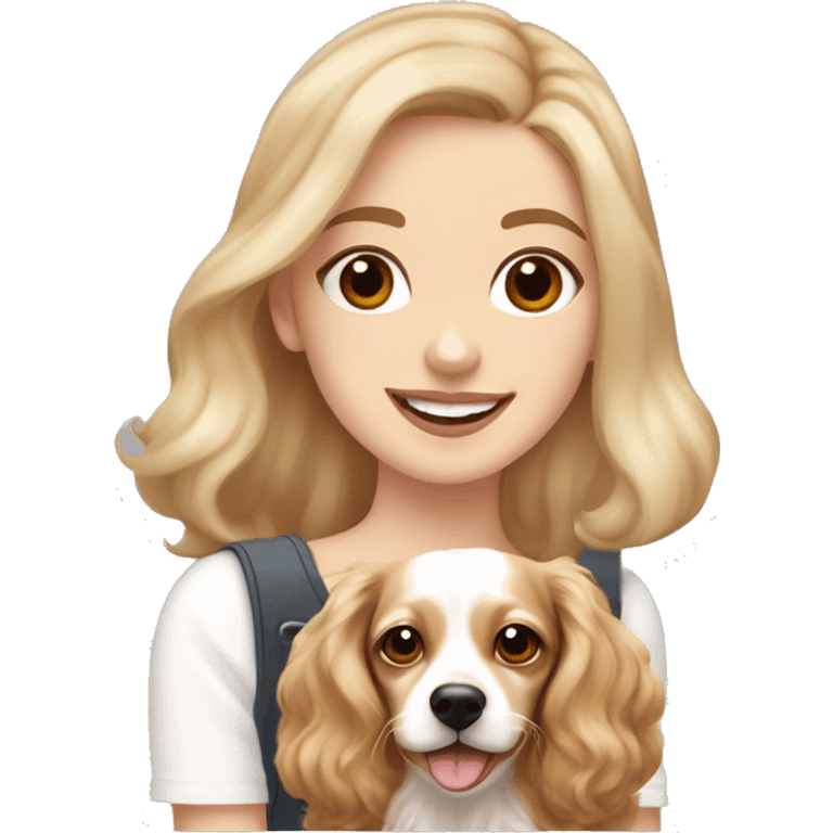 White girl with long wavy blonde hair and brown eyes  holding a white and tan chihuahua dachshund cocker spaniel mix happy with shorter furry ears emoji