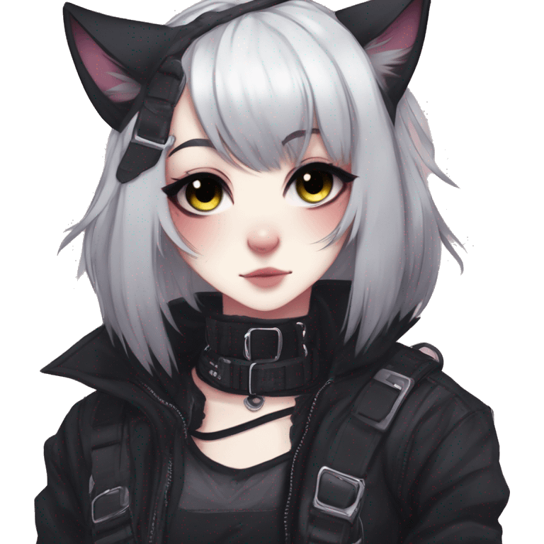 Gorgeous gothic dark techwear anime style anthro black cat furry with blushing face aesthetic and pretty edgy black with collar and harness trending style emoji