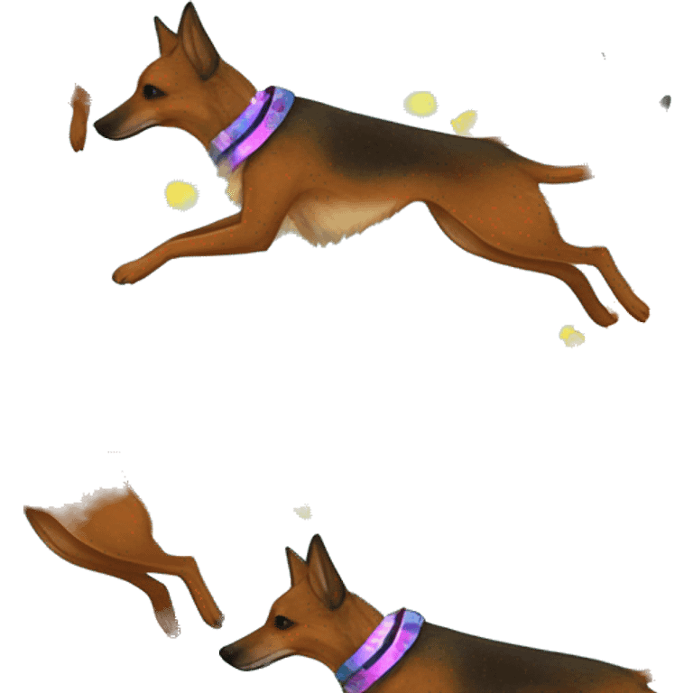  brindle brown black maroon striped lurcher Alsatian fox running blue eyes and iridescent holographic oilslick harness wearing paper iridescent tropical flower crown yellow caution tape emoji