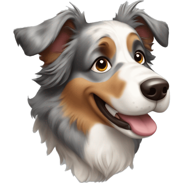 very old australian shepherd with ears pointing upwards, walking slowly emoji