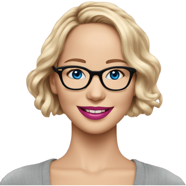 Happy Jennifer Lawrence,  blue eyes wearing glasses and pink lipstick  emoji