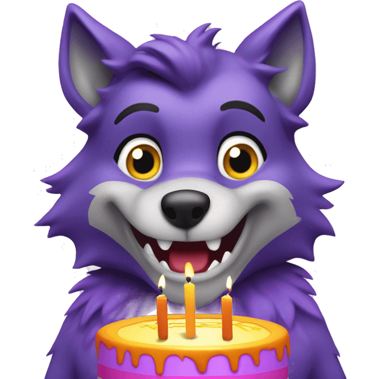 Purple, anthropomorphic wolf blowing out birthday candles emoji