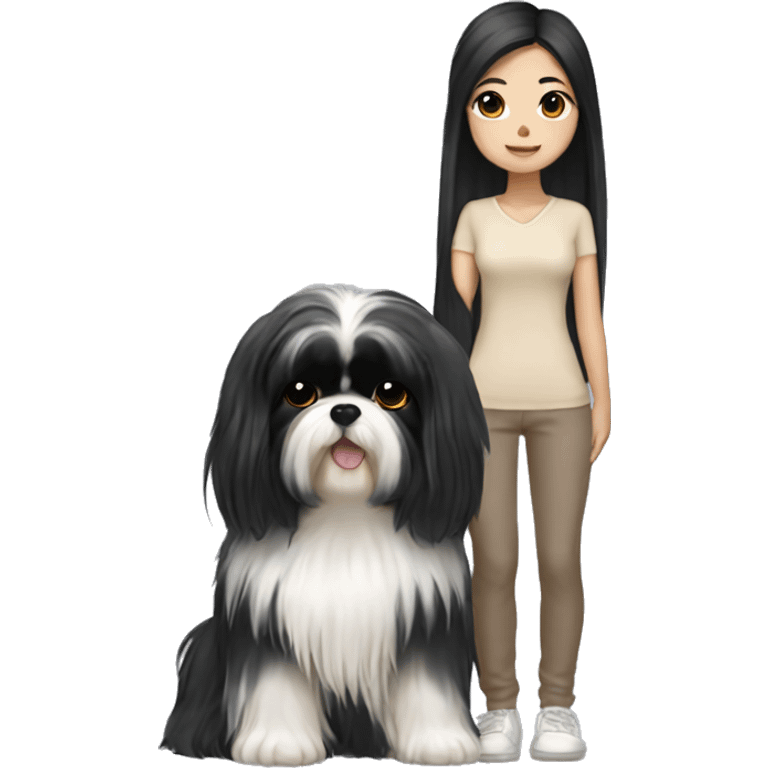 long black hair korean girl with beige and black shih tzu yorkie  emoji