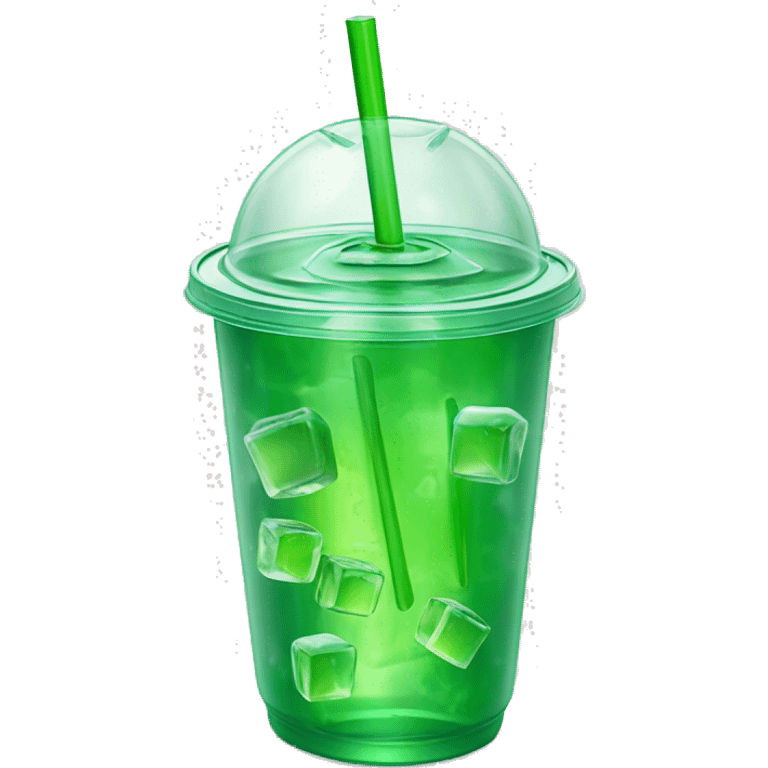 Realistic plastic cup and lid with Transluscent green soda and large ice cubes inside and one straw through the top of the lid. emoji