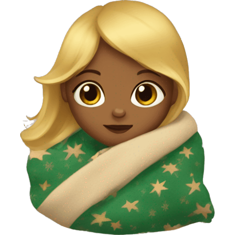 A baby girl with golden hair wrapped in a Christmas blanket. emoji