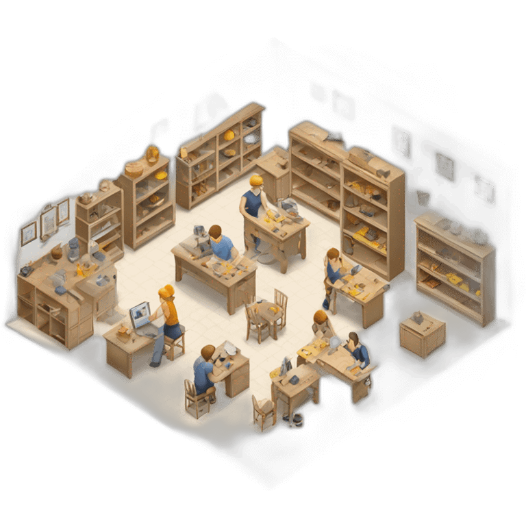 isometric square transparent solid outline border containing indoor woodshop people actively working bright neutral colors cemement floor white walls black tables metal shelves emoji