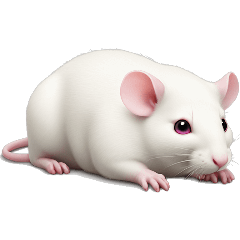 Realistic fat white rat with pink eyes lying down, full body showing emoji