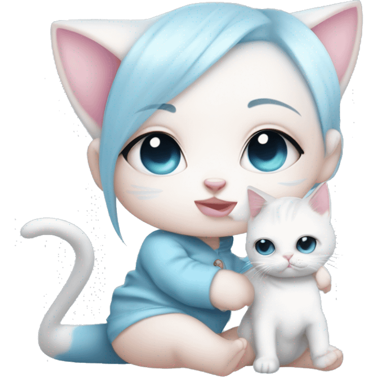 CHIBI WHITE SKIN CAT BABY BLUE AND BABY PINK SHOR HAIR GIRL WITH ONE EYE BLUE AND THE OTHER WHITE. ALSO SHE IS SIPPING A CUP emoji