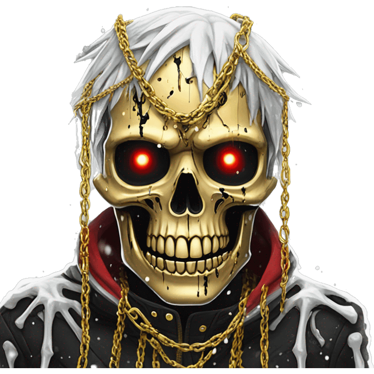 White skeleton zombie person covered in golden chains and black graffiti scribbles and red and silver doodles snowing snowflakes emoji