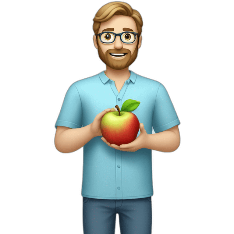 A male nutritionist with a full beard and dark blonde hair and white skin, with glasses, holding an apple in his hand. Who has a light blue shirt on emoji